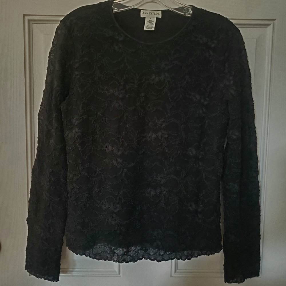 Ann Taylor Jacquard Lace Lined  25% Stretch Top Sz L Black Pullover Bodycon Vamp